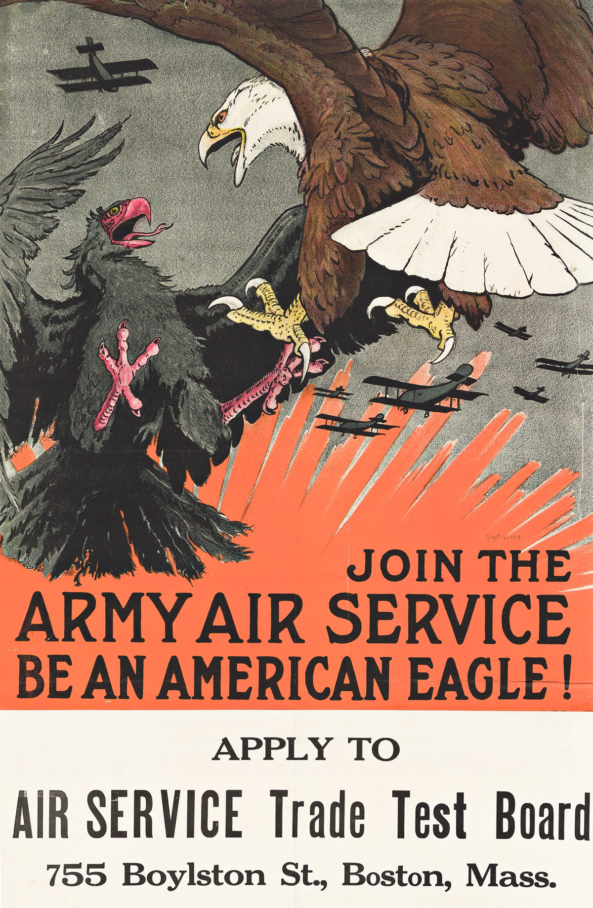 CHARLES LIVINGSTON BULL (1874-1932).  JOIN THE ARMY AIR SERVICE / BE AN AMERICAN EAGLE! Circa 1917. 31¾x20¾ inches, 80¾x52¾ cm. Alpha L